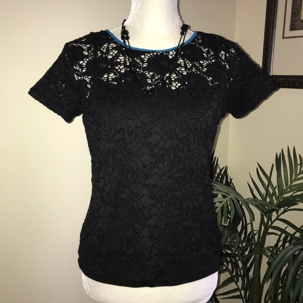 Style & Co Black Stretch Lace Short Sleeve Top SP*